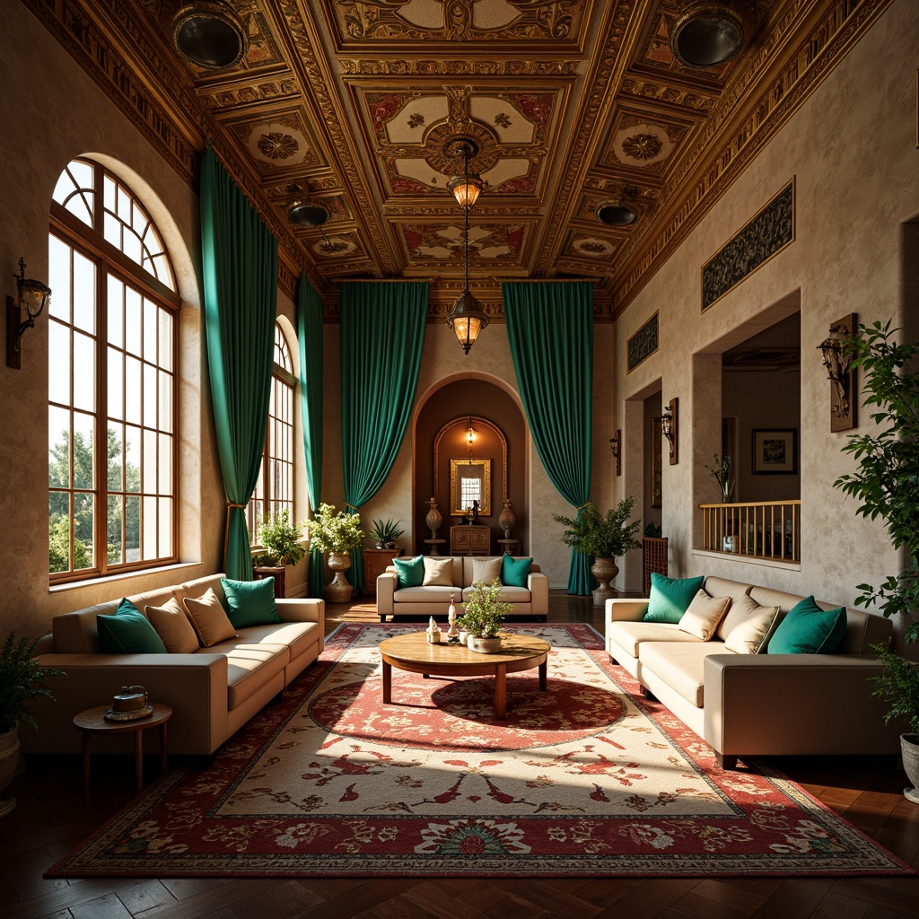 Prompt: Byzantine-style home, ornate details, golden accents, rich jewel tones, emerald green, sapphire blue, ruby red, warm beige, cream marble, intricate mosaics, vaulted ceilings, grand arches, ornate furnishings, luxurious fabrics, velvet drapes, patterned rugs, warm candlelight, soft shadows, atmospheric ambiance, cinematic composition, shallow depth of field, 1/2 camera angle, vivid textures, realistic reflections.