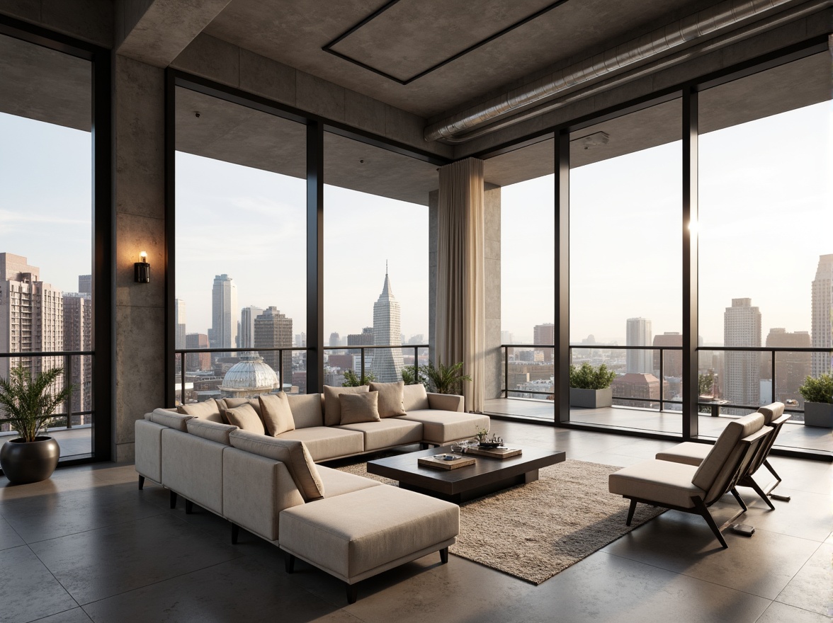 Prompt: Minimalist penthouse interior, open floor plan, sleek modern furniture, floor-to-ceiling windows, sliding glass doors, urban cityscape views, high-rise building, international style architecture, polished concrete floors, industrial chic decor, exposed ductwork, minimalist color palette, abundant natural light, soft warm lighting, shallow depth of field, 3/4 composition, panoramic view, realistic textures, ambient occlusion.