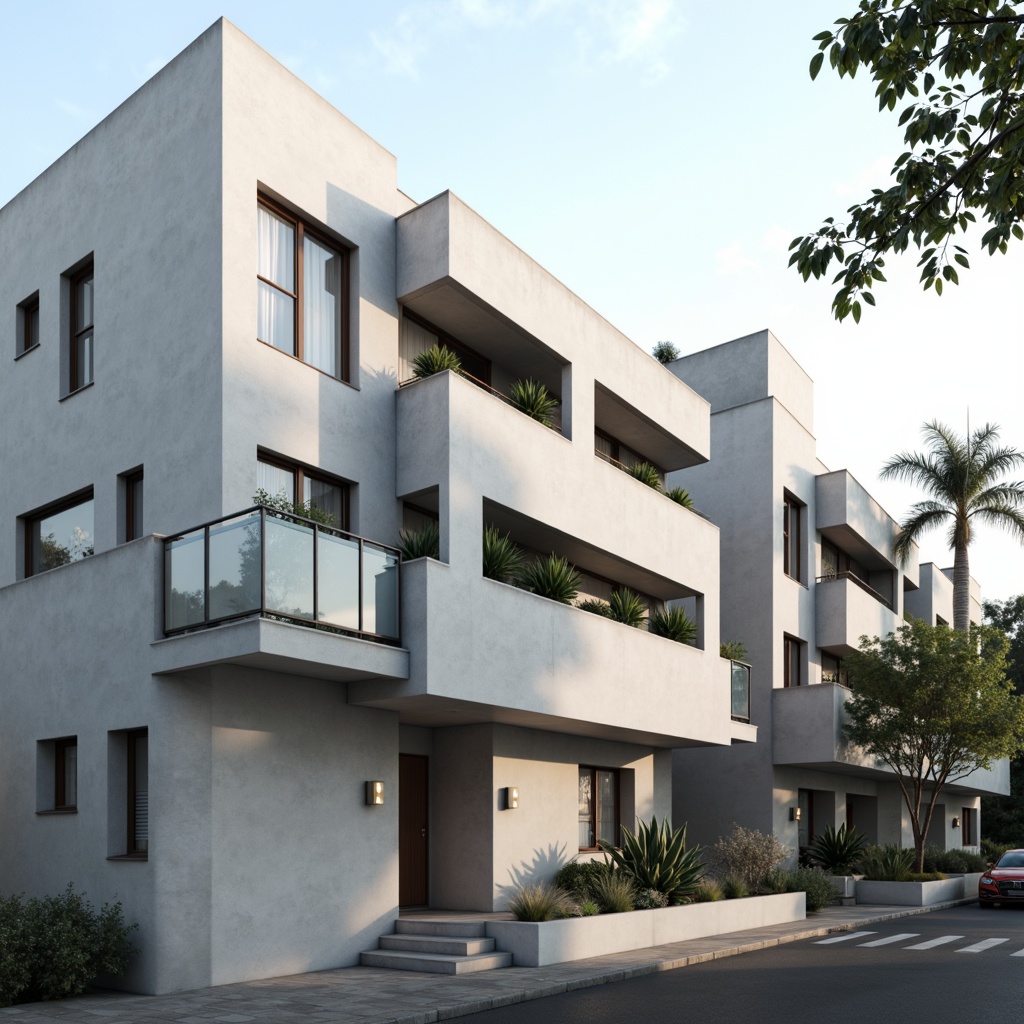 Prompt: Clean minimalist facade, monochromatic color scheme, flat rooflines, simple rectangular shapes, large floor-to-ceiling windows, subtle metal framing, sleek glass railings, industrial-style lighting fixtures, urban cityscape backdrop, morning softbox lighting, shallow depth of field, 1/1 composition, realistic concrete textures, ambient occlusion.