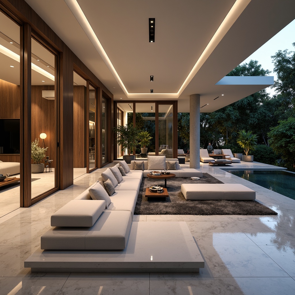 Prompt: Luxurious modern villa, sleek lines, minimalist decor, polished marble floors, textured concrete walls, metallic accents, floor-to-ceiling windows, sliding glass doors, lavish furnishings, plush carpets, velvet drapes, natural stone cladding, warm ambient lighting, shallow depth of field, 1/1 composition, realistic reflections, soft focus blur.