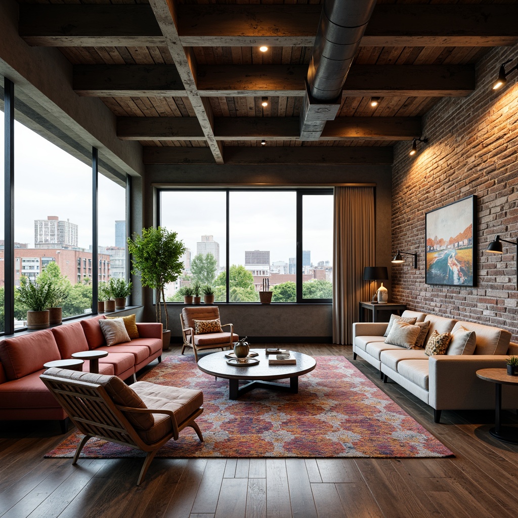 Prompt: Exposed brick walls, industrial metal beams, reclaimed wood accents, open-plan living space, minimalist chic decor, floor-to-ceiling windows, urban cityscape views, green roofs, rooftop gardens, eclectic art pieces, abstract sculptures, vibrant colorful textiles, geometric patterned rugs, modernistic furniture designs, sleek low-profile lighting, warm cozy ambiance, soft natural light, shallow depth of field, 1/1 composition, panoramic view, realistic textures, ambient occlusion.