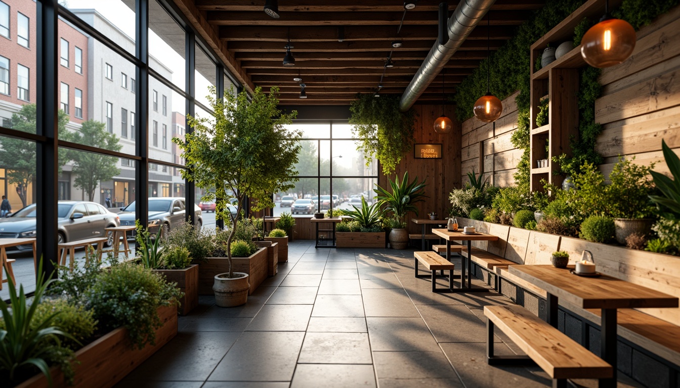 Prompt: Cozy coffee shop interior, reclaimed wood accents, living green walls, natural stone flooring, earthy tone color scheme, large windows, plenty of natural light, rustic metal decorations, industrial chic atmosphere, lush potted plants, aromatic coffee scents, warm lighting, shallow depth of field, 1/1 composition, realistic textures, ambient occlusion, outdoor seating area, wooden benches, urban landscape views, busy city streets, morning sunlight, soft warm glow, minimal waste design, eco-friendly materials, energy-efficient equipment.