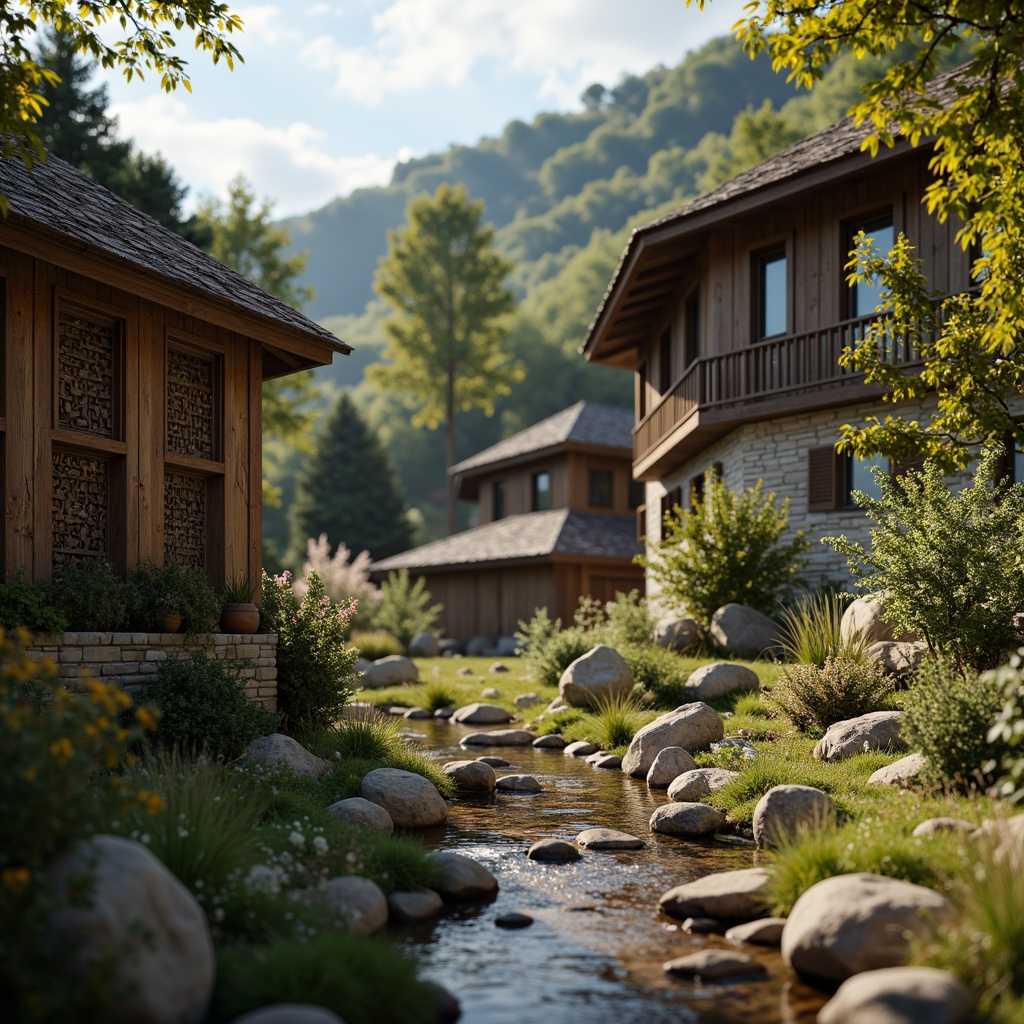 Prompt: Rustic rural landscape, rolling hills, dense forests, meandering streams, traditional folk houses, wooden accents, earthy tones, natural stone walls, distressed wood textures, vintage metal decorations, ornate ceramic tiles, floral patterns, soft warm lighting, shallow depth of field, 1/2 composition, realistic renderings, ambient occlusion.