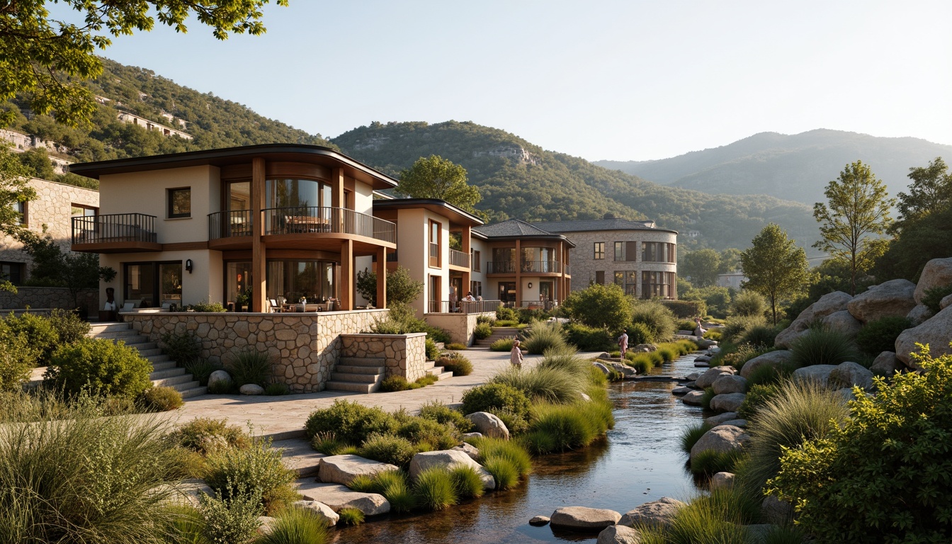 Prompt: Regionalist architecture, earthy tones, natural materials, locally sourced stones, reclaimed wood accents, curved lines, organic forms, harmonious blend with surroundings, rolling hills, lush greenery, meandering streams, native plant species, warm sunny day, soft diffused lighting, 1/2 composition, atmospheric perspective, realistic textures, ambient occlusion.