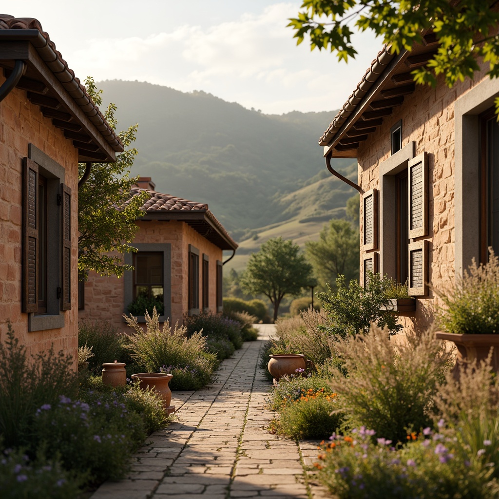 Prompt: Rustic regional architecture, earthy tones, natural stone walls, wooden accents, terra cotta roofs, ornate ironwork, vibrant floral patterns, distressed wood textures, warm golden lighting, shallow depth of field, 2/3 composition, rustic landscape, rolling hills, wildflower fields, serene countryside, misty morning atmosphere, soft warm colors, ambient occlusion.