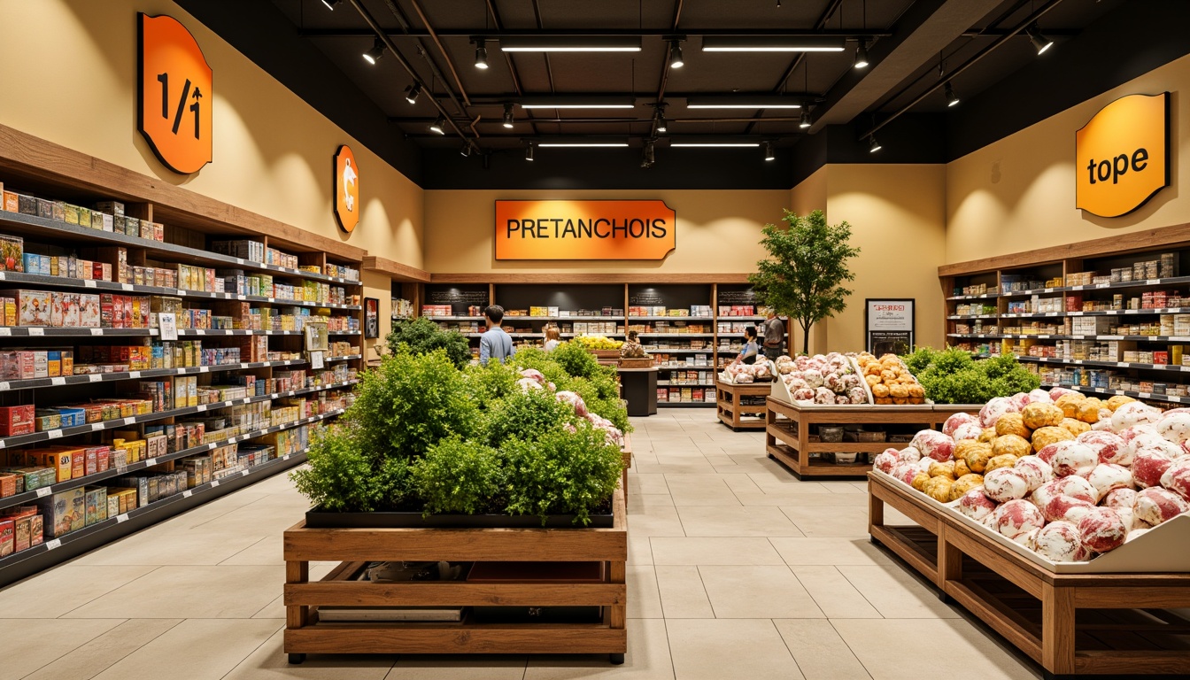 Prompt: Vibrant supermarket interior, warm beige walls, rich wood accents, fresh green produce stands, appetizing food displays, colorful packaging, lively orange and yellow signage, natural stone flooring, modern shelving units, overhead track lighting, soft warm ambiance, 1/1 composition, realistic textures, ambient occlusion.