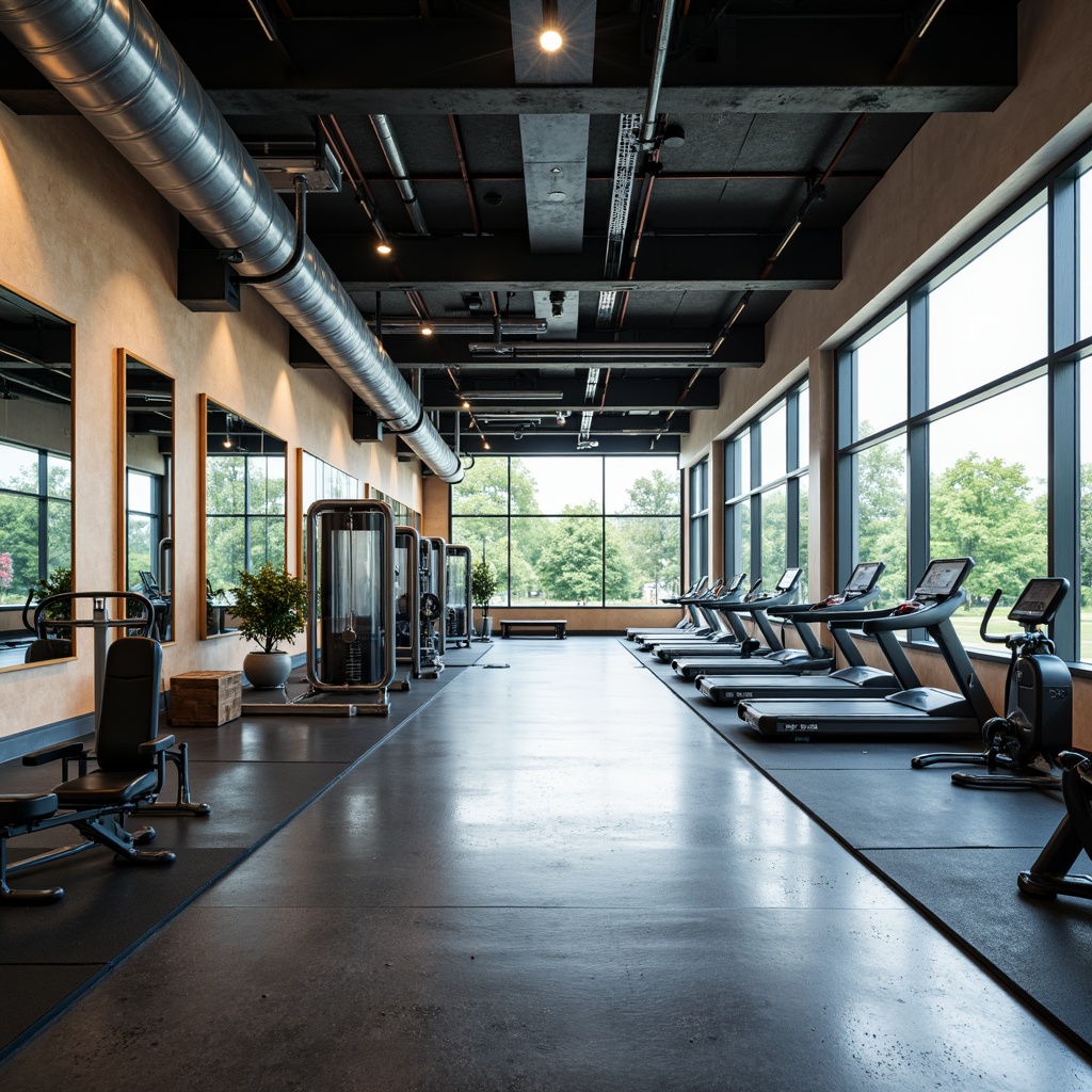 Prompt: Well-lit gym interior, high ceilings, large windows, natural ventilation, industrial-style ductwork, metal beams, polished concrete floors, rubber flooring, athletic equipment, free weights, treadmills, exercise machines, mirrored walls, sound-absorbing panels, calm color scheme, soft diffused lighting, 1/2 composition, shallow depth of field, realistic textures, ambient occlusion.