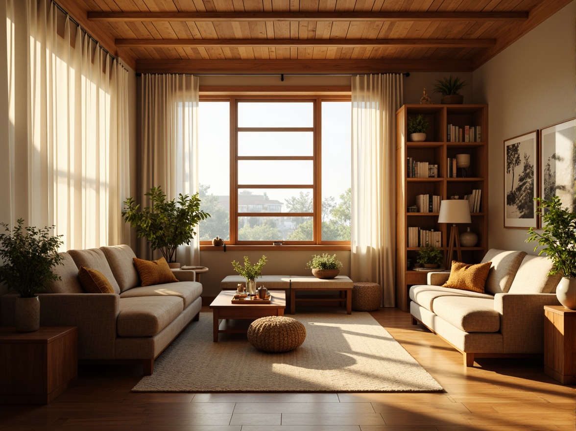 Prompt: Warm mid-century modern living room, soft warm lighting, table lamps, floor lamps, pendant lights, natural light pouring in through large windows, sheer white curtains, minimalist decor, wooden furniture, geometric patterns, earthy color palette, cozy atmosphere, afternoon sunlight, shallow depth of field, 1/1 composition, realistic textures, ambient occlusion.