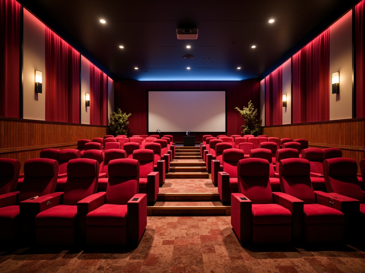 Prompt: Cozy cinema, plush velvet seats, tiered seating arrangement, soft ambient lighting, rich wood accents, comfortable legroom, ergonomic chair design, cinematic sound system, large projection screen, vibrant color scheme, intimate setting, warm atmosphere, shallow depth of field, 2/3 composition, realistic textures, ambient occlusion.