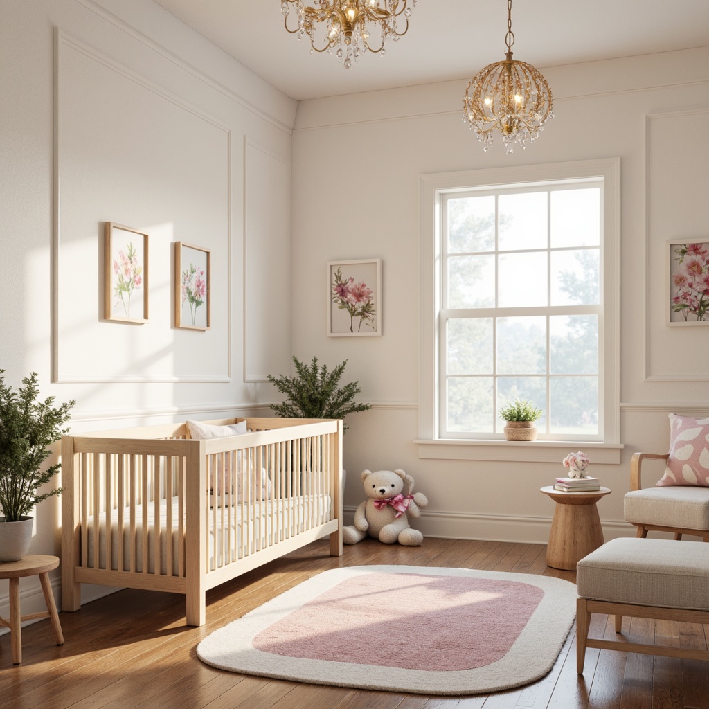 Prompt: Whimsical nursery, soft pastel colors, delicate florals, tender lighting fixtures, crystal chandeliers, frosted glass shades, creamy white walls, plush area rugs, minimalist cribs, gentle warm glow, cozy reading nook, natural wood accents, soothing color palette, calming ambiance, 1/2 composition, shallow depth of field, realistic textures.