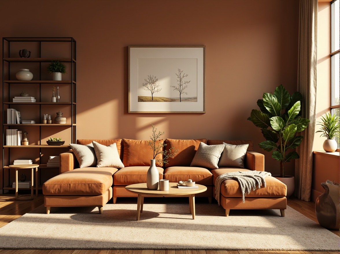 Prompt: Cozy living room, earthy tone walls, plush velvet sofas, natural wood accents, warm beige carpets, soft golden lighting, modern minimalist decor, industrial metal shelves, abstract artwork, pastel-colored vases, lush green plants, serene atmosphere, 1/1 composition, shallow depth of field, realistic textures, ambient occlusion.