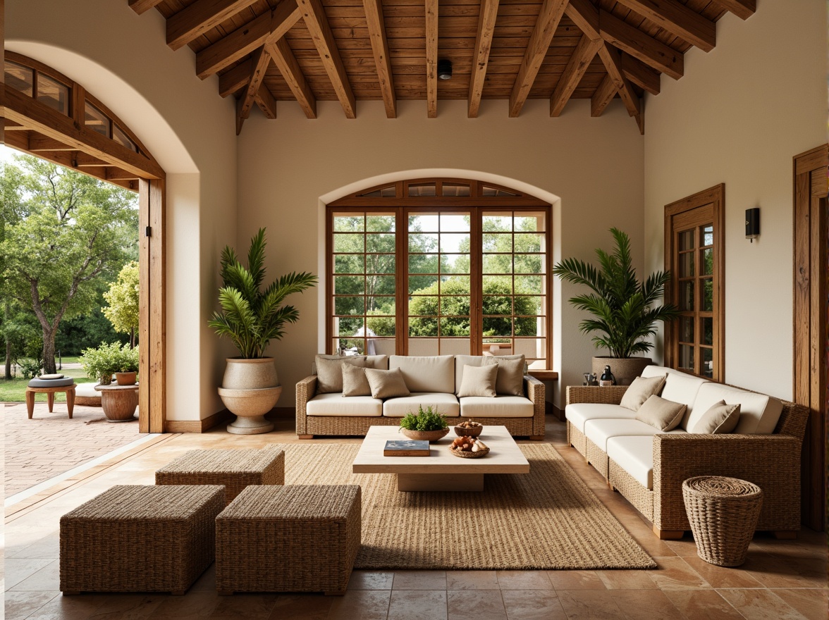 Prompt: Spacious great room, Mediterranean style, open floor plan, high ceilings, large windows, sliding glass doors, natural stone flooring, warm beige walls, cream-colored sofas, woven wicker furniture, lush greenery, potted plants, rustic wooden accents, decorative archways, soft warm lighting, shallow depth of field, 3/4 composition, panoramic view, realistic textures, ambient occlusion.