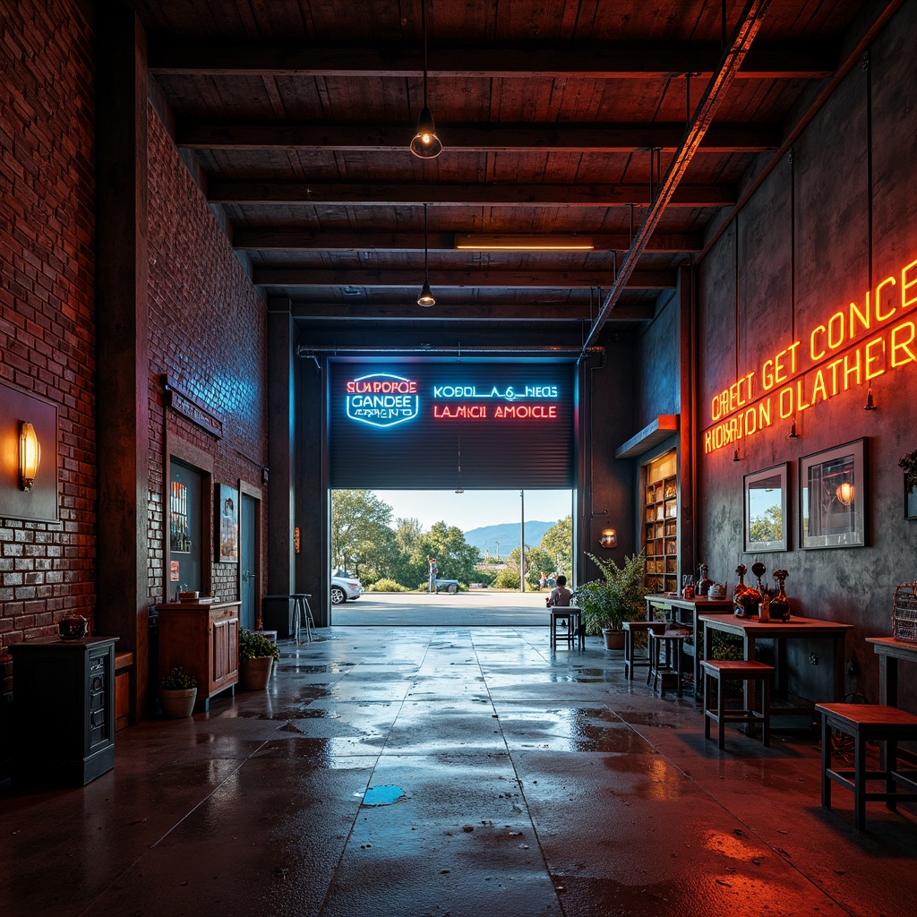 Prompt: Industrial-style garage, metallic colors, bold accents, exposed brick walls, concrete floors, neon signs, edgy lighting, high-contrast shadows, dramatic atmosphere, moody tones, dark blues, deep reds, burnt oranges, weathered wood textures, rusty steel beams, urban landscape views, gritty realism, cinematic composition, shallow depth of field.