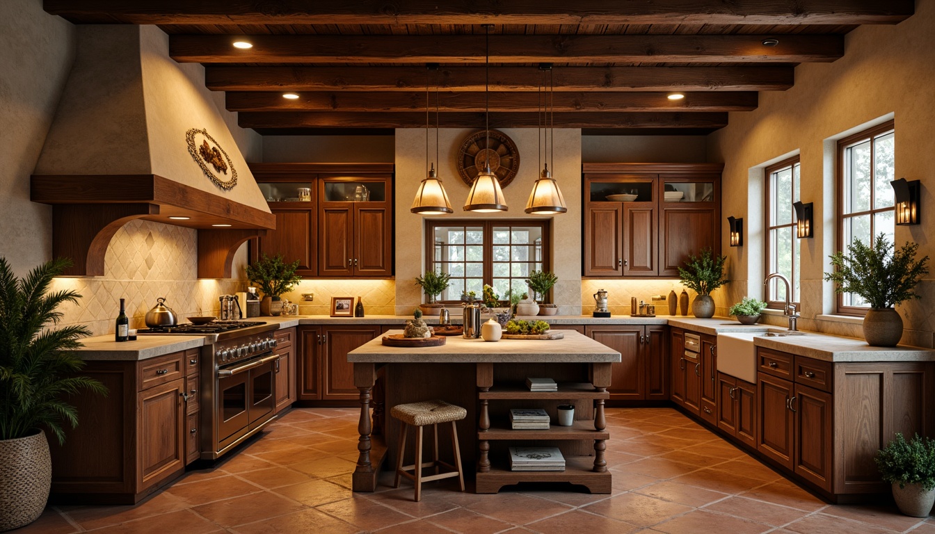 Prompt: Warm traditional kitchen ambiance, rustic wooden cabinetry, earthy stone countertops, soft warm lighting, pendant lamps, candlelight, recessed ceiling lights, LED strip lighting, natural materials, cozy seating areas, vintage appliances, farmhouse sink, distressed finishes, woven textiles, botanical prints, golden metallic accents, warm beige walls, terracotta flooring, classic kitchen island, wooden beams, ambient shadows, 1/2 composition, soft focus, realistic textures.