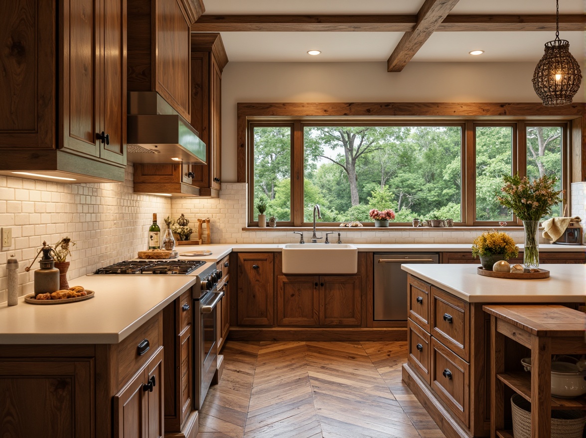 Prompt: Warm traditional kitchen, rustic wooden cabinets, creamy white countertops, classic subway tiles, soft warm lighting, earthy tone hardwood flooring, wide plank floors, distressed wood finishes, herringbone patterns, natural stone inlays, ceramic tile accents, farmhouse sinks, ornate metal fixtures, vintage decorative elements, cozy breakfast nooks, panoramic views of lush greenery.