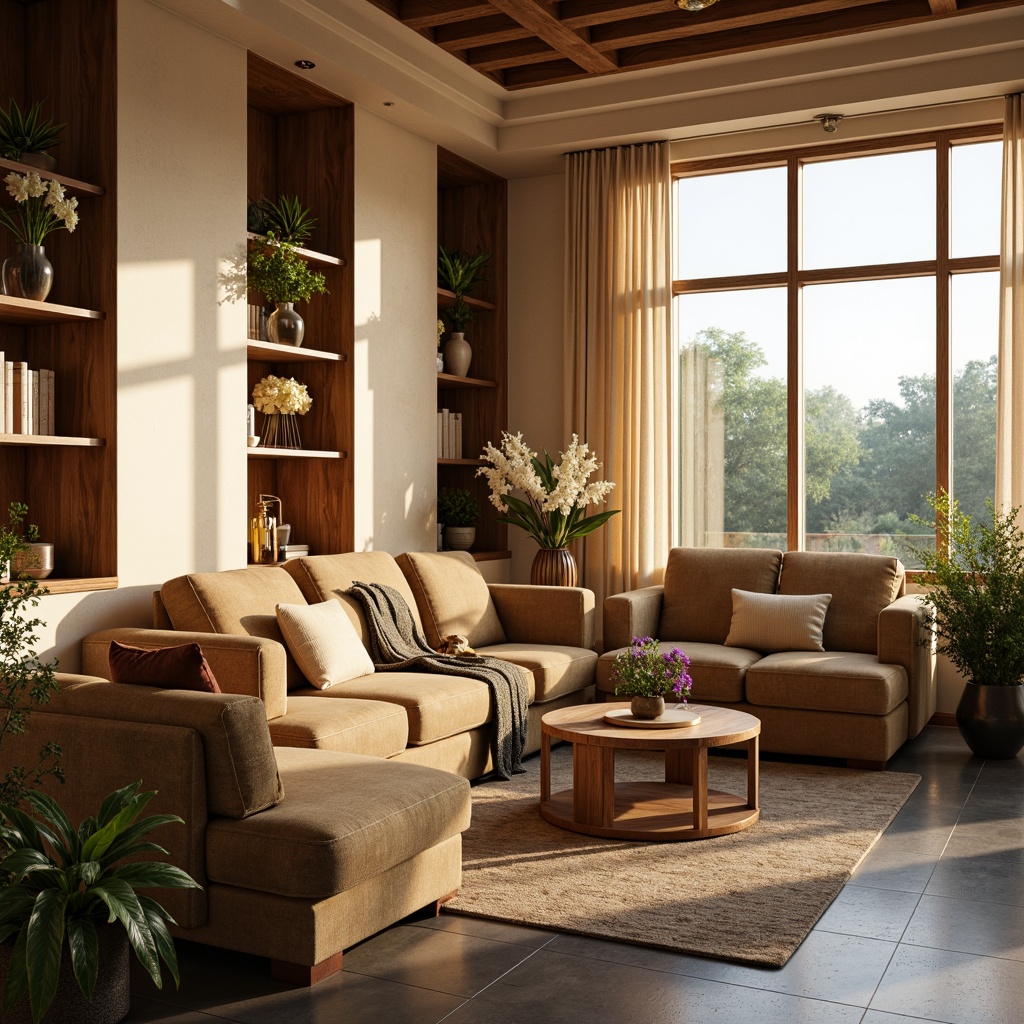 Prompt: Warm beige walls, soft cream accents, rich walnut wood tones, plush velvet furniture, golden lighting fixtures, warm candlelight, cozy throw blankets, natural stone flooring, lush greenery, blooming flowers, large windows, panoramic views, gentle afternoon sunlight, shallow depth of field, 3/4 composition, realistic textures, ambient occlusion.