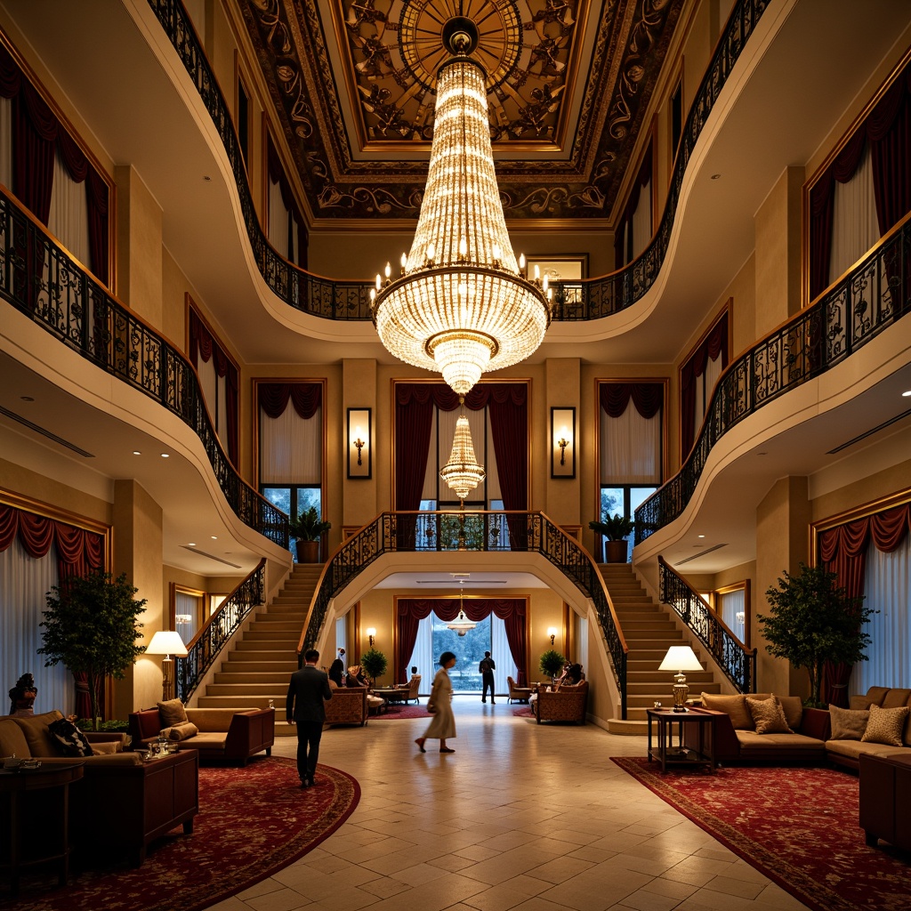 Prompt: Luxurious hotel lobby, grand chandelier, ornate mirrors, gilded frames, intricate carvings, marble floors, velvet drapes, golden accents, lavish furnishings, curved staircases, dramatic archways, rich textiles, opulent patterns, warm candlelight, soft focus, shallow depth of field, 1/2 composition, intimate atmosphere.