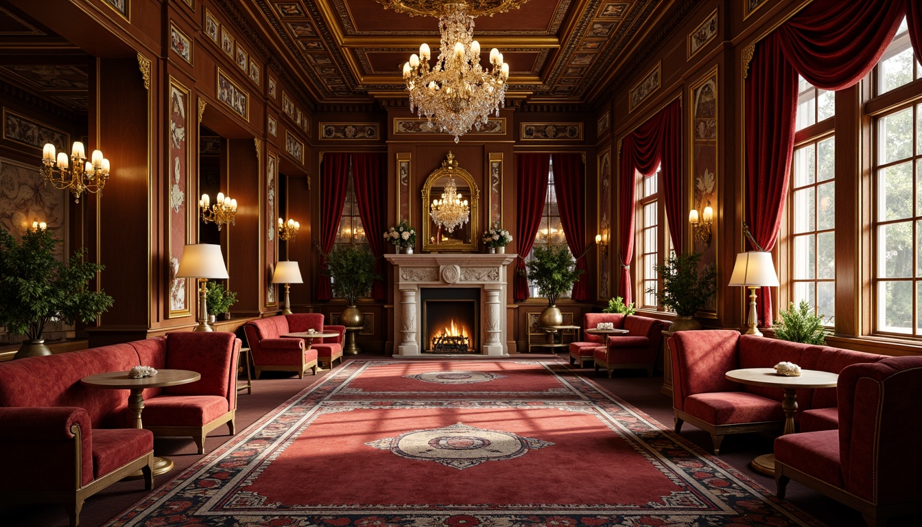 Prompt: Ornate student lounge, rich velvet upholstery, gilded wooden frames, intricately carved furniture, luxurious crimson fabrics, ornamental mirrors, crystal chandeliers, lavish drapery, majestic stone fireplaces, regal atmosphere, warm golden lighting, shallow depth of field, 1/1 composition, symmetrical layout, realistic textures, ambient occlusion.