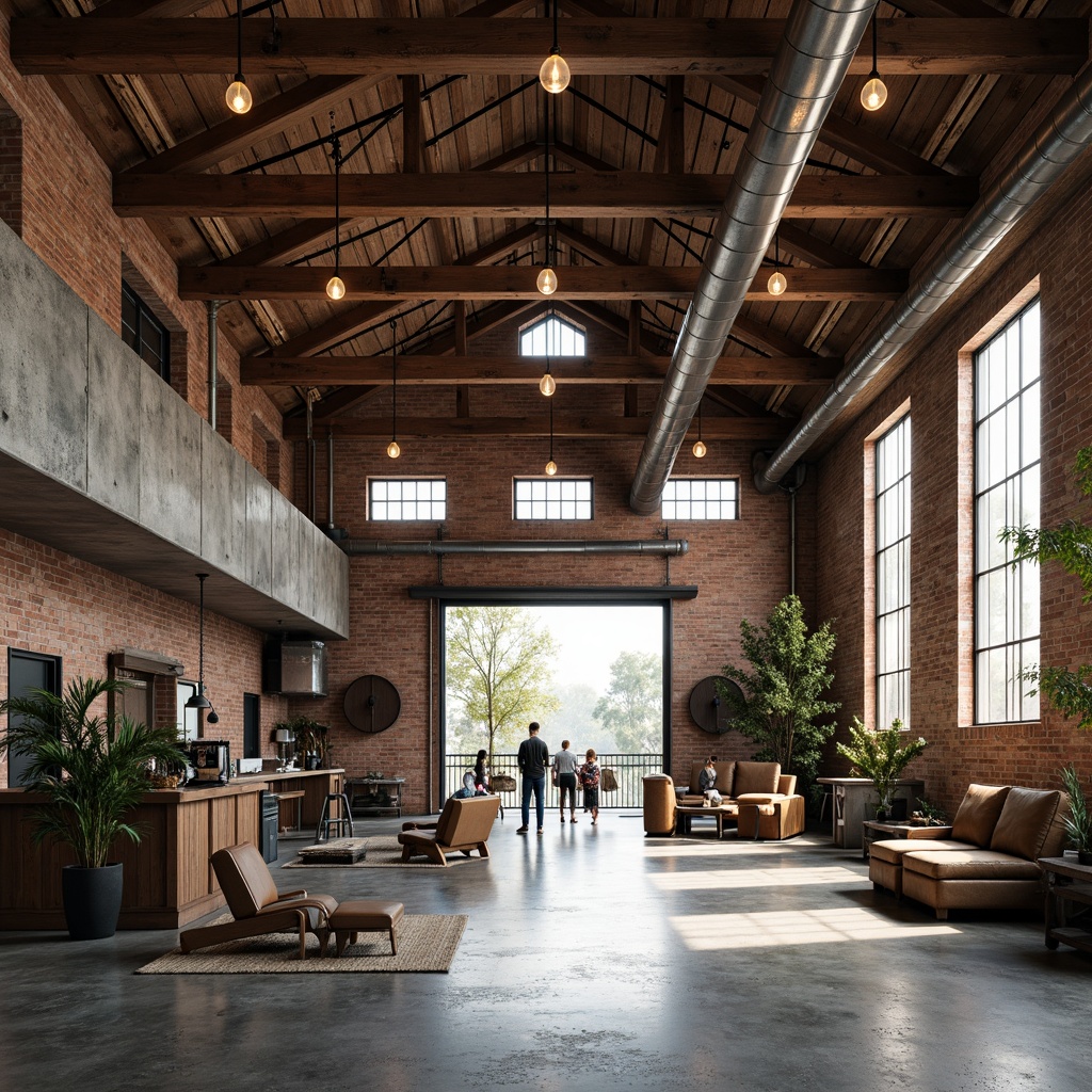 Prompt: Industrial warehouse interior, exposed wooden beams, rustic metal trusses, reclaimed wood accents, polished concrete floors, Edison bulb lighting, minimalist decor, urban loft atmosphere, natural ventilation, abundant natural light, softbox windows, brick walls, industrial-style furniture, functional pipes, distressed finishes, rough-textured surfaces, atmospheric shadows, high ceiling, open space, modern industrial chic.