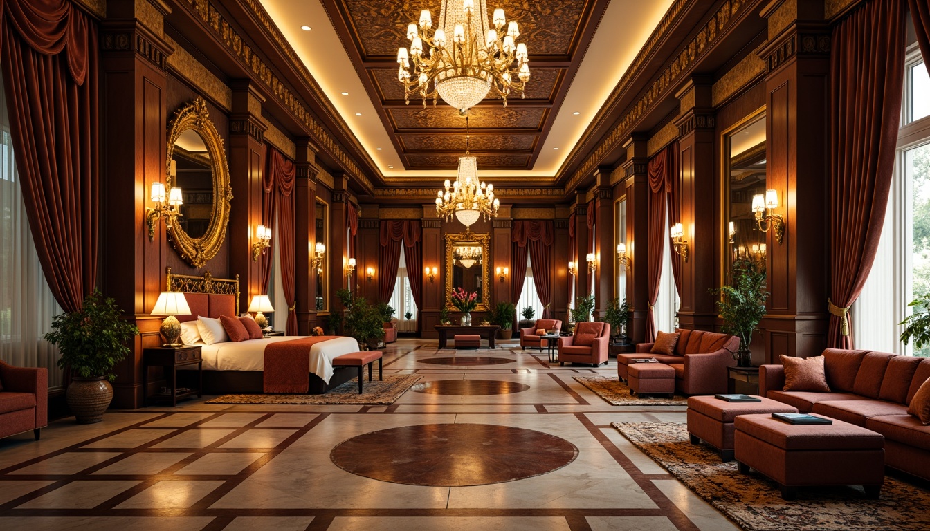 Prompt: Luxurious hotel lobby, ornate chandeliers, intricately carved wooden furniture, velvet upholstery, gilded frames, rich brocade fabrics, grandiose mirrors, lavish drapery, opulent marble floors, intricate moldings, golden accents, lavish furnishings, luxurious seating areas, majestic four-poster beds, plush carpets, warm ambient lighting, soft focus, 1/2 composition, ornate patterns, highly detailed textures, dramatic shadows.