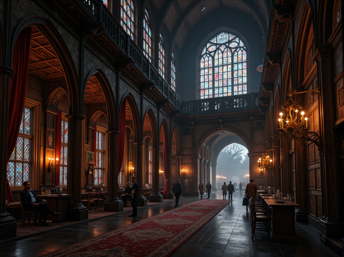 Prompt: Ornate Gothic arches, rich velvet drapes, mysterious stone walls, dark wood paneling, ornamental ironwork, stained glass windows, mystical candlelight, eerie misty atmosphere, foggy rainy day, dim warm lighting, shallow depth of field, 1/1 composition, dramatic low-angle shot, intricate carvings, luxurious fabrics, bold colors, heavy textures.