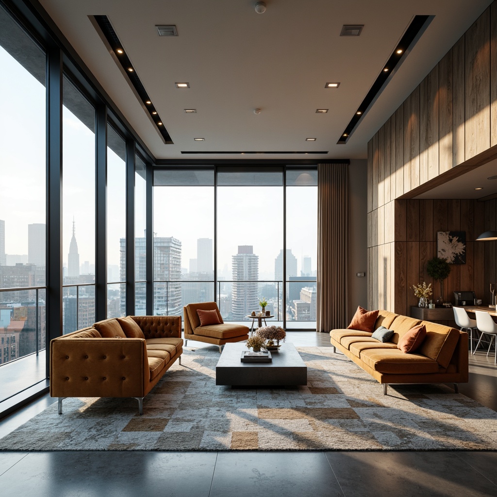 Prompt: Sleek minimalist living room, curved low-profile sofas, polished chrome legs, tufted velvet upholstery, geometric-patterned rugs, floor-to-ceiling windows, urban cityscape views, modern industrial decor, reclaimed wood accent walls, metallic light fixtures, airy open spaces, warm neutral color palette, subtle ambient lighting, shallow depth of field, 2/3 composition, realistic reflections, soft bokeh effects.