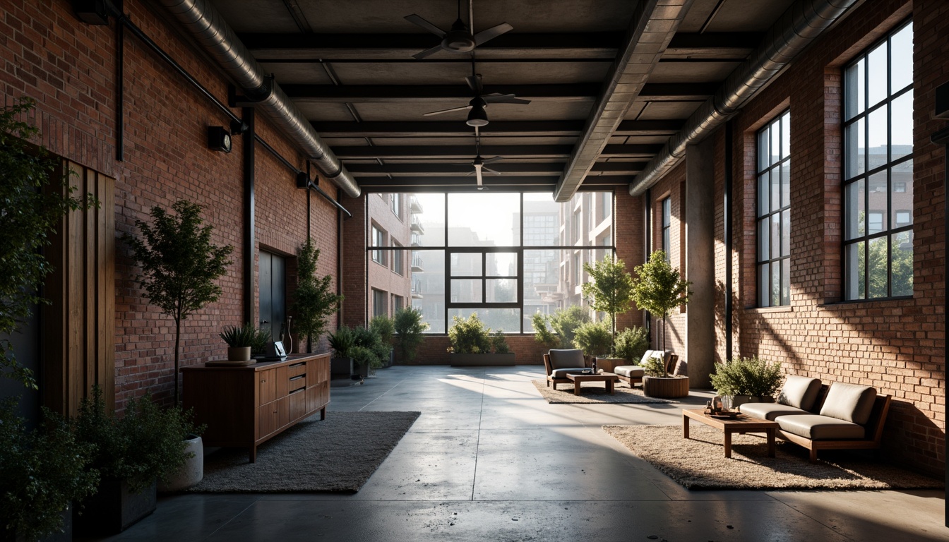 Prompt: Industrial-chic Bauhaus factory, exposed brick walls, steel beams, metal pipes, reclaimed wood accents, concrete floors, industrial lighting fixtures, minimalist decor, functional furniture, urban cityscape, gritty alleyway, misty morning, dramatic shadows, high-contrast lighting, 1/1 composition, symmetrical framing, bold geometric shapes, distressed textures, monochromatic color palette.