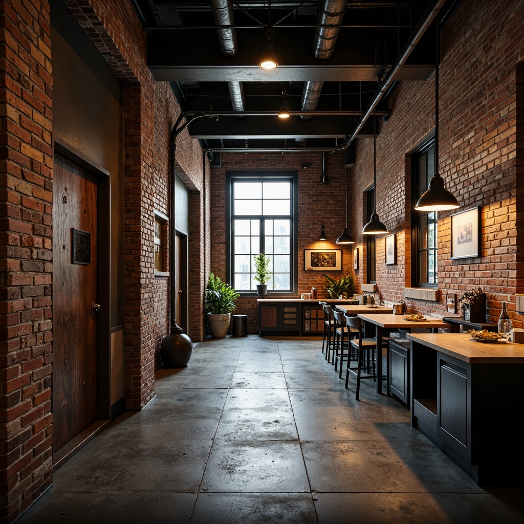 Prompt: Exposed brick walls, metal beams, industrial-chic lighting, reclaimed wood accents, distressed finishes, functional pipes, urban loft atmosphere, modern industrial design, concrete floors, metallic color scheme, edgy textures, moody ambient lighting, shallow depth of field, 2/3 composition, cinematic view, realistic reflections.