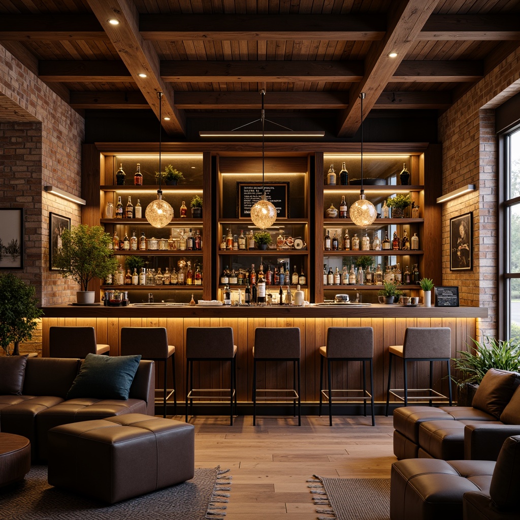 Prompt: Cozy home bar, rich wood tones, polished metal accents, elegant glass shelves, sophisticated pendant lighting, comfortable seating areas, rustic brick walls, vintage decor, earthy color palette, warm atmospheric lighting, shallow depth of field, 1/2 composition, realistic textures, ambient occlusion.