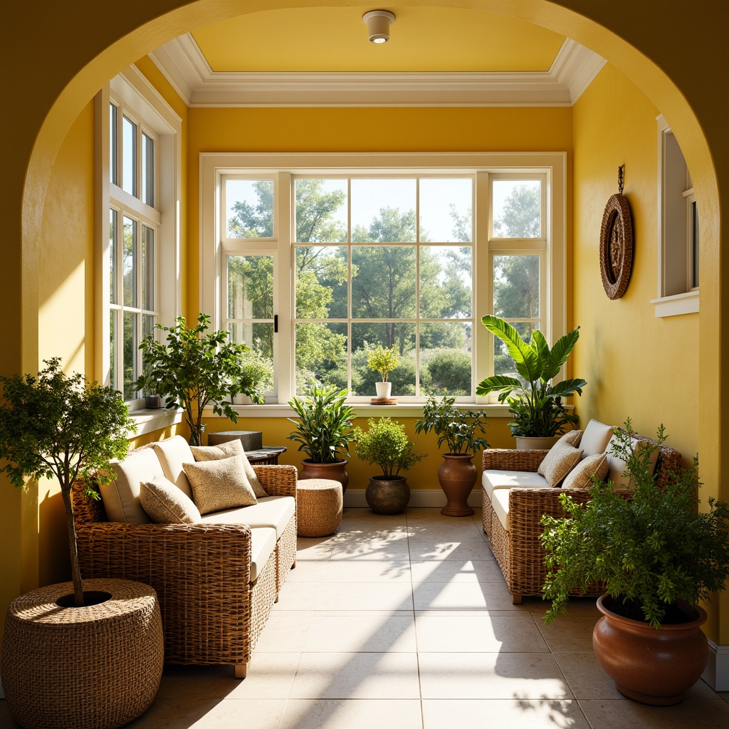 Prompt: Vibrant sunroom, warm natural light, bright yellow walls, creamy white trim, soft greenery, lush plants, wicker furniture, rattan accents, nature-inspired textiles, earthy terracotta pots, sunny day, gentle warm lighting, shallow depth of field, 1/1 composition, panoramic view, realistic textures, ambient occlusion.