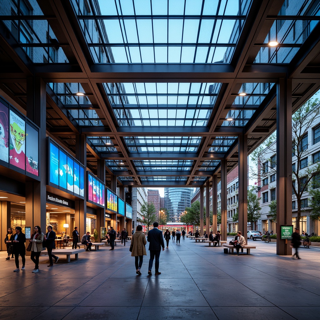 Prompt: Modern bus station, sleek metal framework, large glass roofs, natural light pouring in, vibrant LED lights, colorful neon signs, urban landscape, busy streets, pedestrian walkways, public art installations, minimalist seating areas, stainless steel handrails, polished concrete floors, energy-efficient lighting systems, soft warm ambiance, shallow depth of field, 1/1 composition, realistic textures, ambient occlusion.