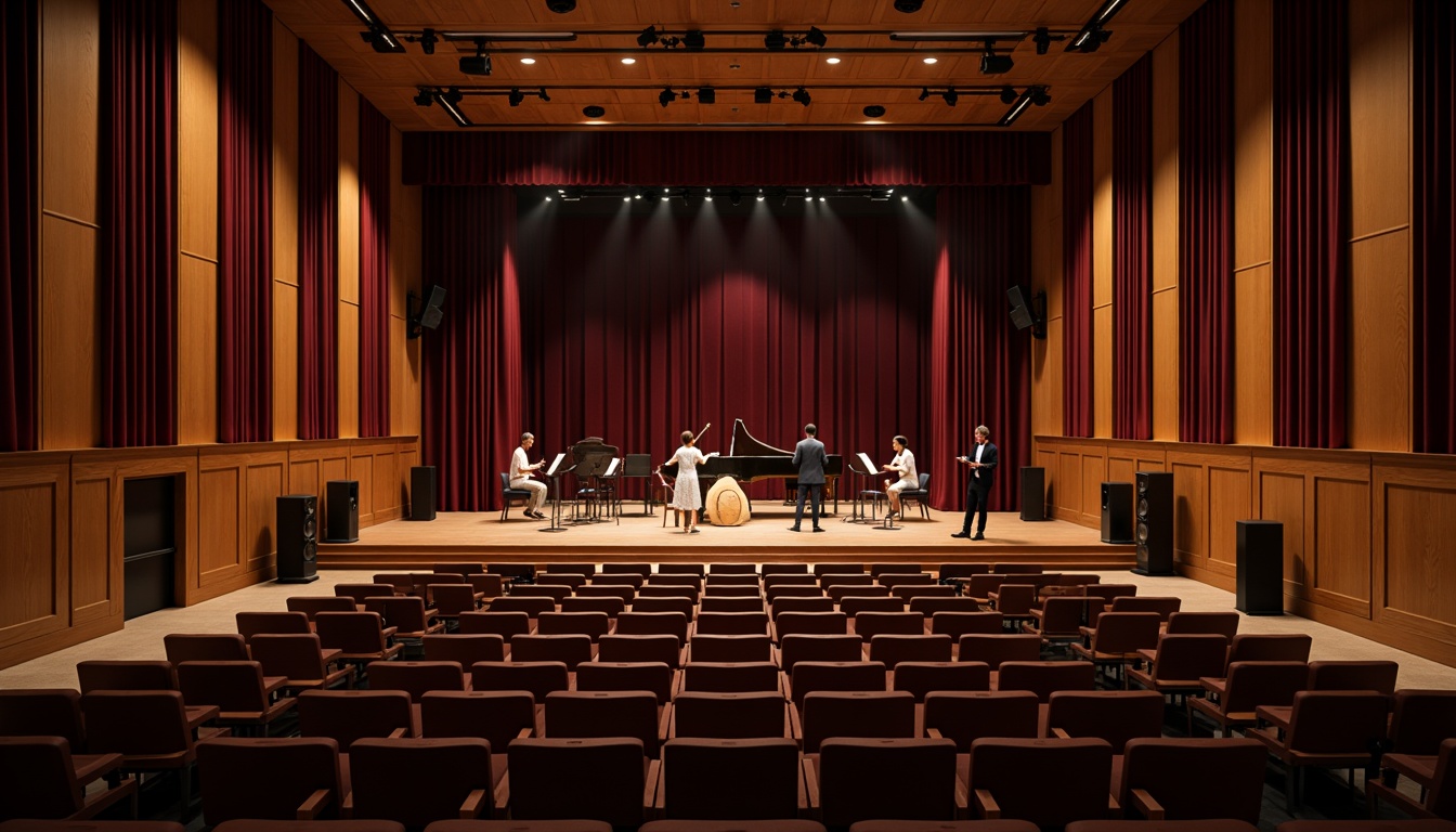 Prompt: Intimate concert hall, refined wooden paneling, subtle sound reflections, premium loudspeakers, precise acoustic calculations, optimal seating arrangements, luxurious velvet curtains, sophisticated audio equipment, dynamic sound waves, resonant frequencies, crystal-clear high notes, rich bass tones, warm ambient lighting, dramatic spotlights, 3/4 composition, shallow depth of field, realistic textures, ambient occlusion.