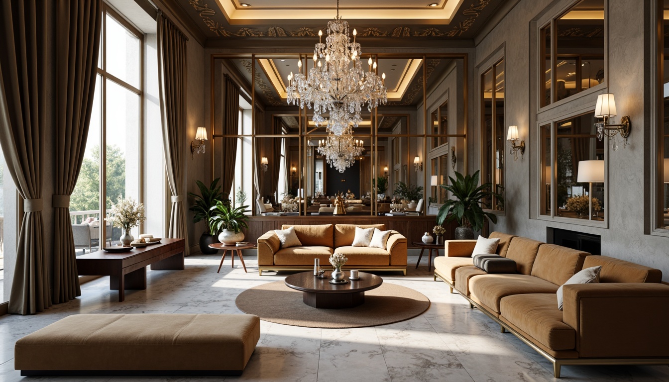 Prompt: Elegant luxury interior, harmonizing silver accents, bronze metallic tones, sophisticated modern design, sleek lines, refined textures, high-end furniture, velvet upholstery, polished marble floors, crystal chandeliers, lavish curtains, ornate mirrors, warm soft lighting, shallow depth of field, 1/1 composition, realistic reflections, ambient occlusion.