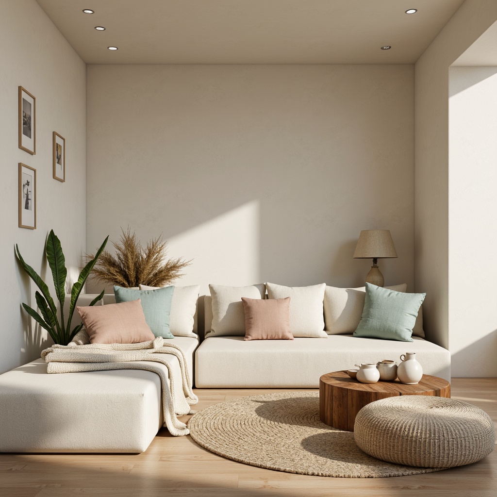 Prompt: Soft warm beige, calming creamy whites, gentle pale blues, soothing sage greens, earthy terracotta, rich walnut browns, subtle gold accents, natural linen textures, minimalist design, Scandinavian-inspired aesthetic, cozy intimate atmosphere, soft diffused lighting, shallow depth of field, 1/1 composition, realistic renderings.