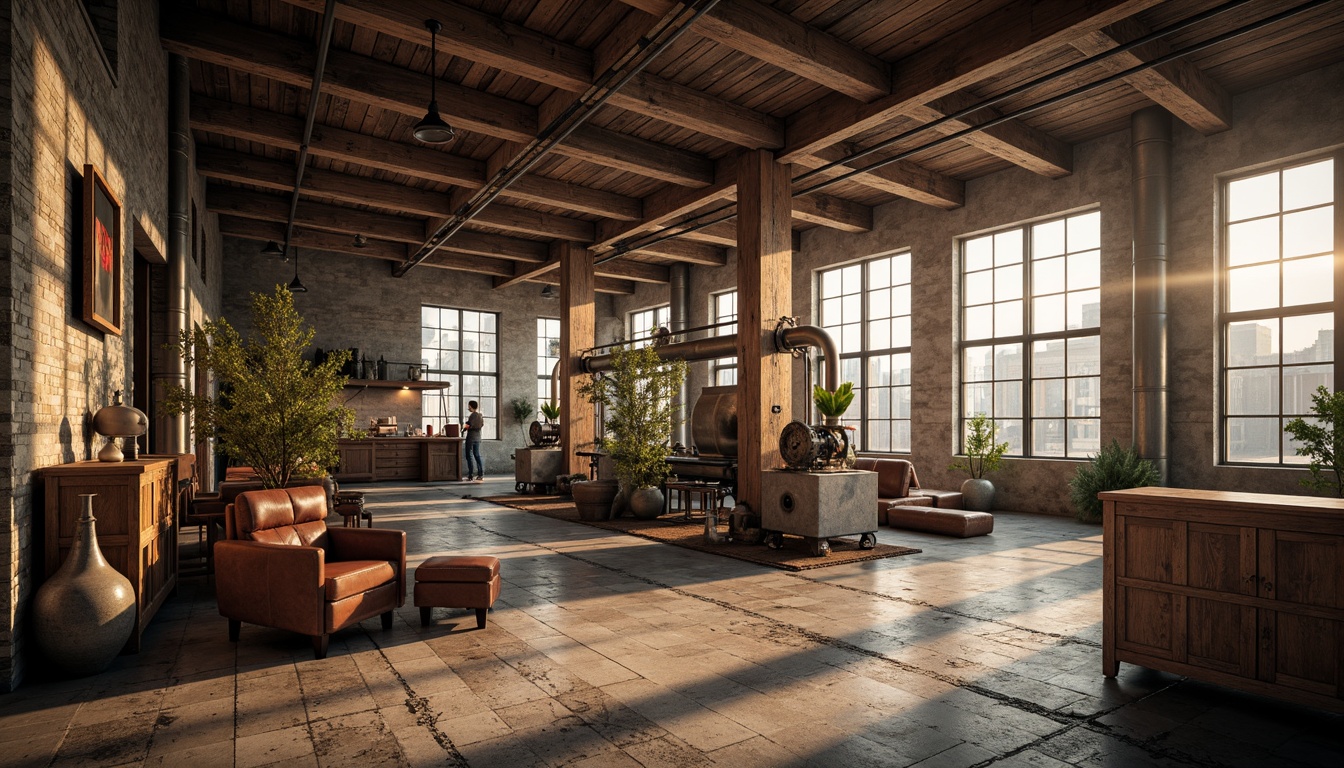 Prompt: Rustic factory setting, exposed wooden beams, industrial metal pipes, reclaimed wood accents, vintage manufacturing equipment, earthy color palette, natural stone walls, distressed brick textures, modern minimalist lighting, urban cityscape views, cloudy sky with warm sunlight, shallow depth of field, 1/2 composition, realistic renderings, ambient occlusion, rich wood grain details.