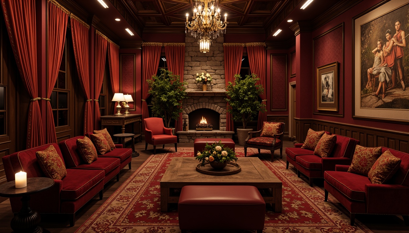 Prompt: Rich burgundy walls, luxurious velvet fabrics, dark wooden floors, ornate gold accents, vintage furniture pieces, lavish drapery, warm candlelight, intimate seating areas, wine cellar inspiration, rustic stone fireplaces, cozy throw blankets, sumptuous textures, dramatic lighting effects, 1/2 composition, low-key warm color tones, atmospheric misting.