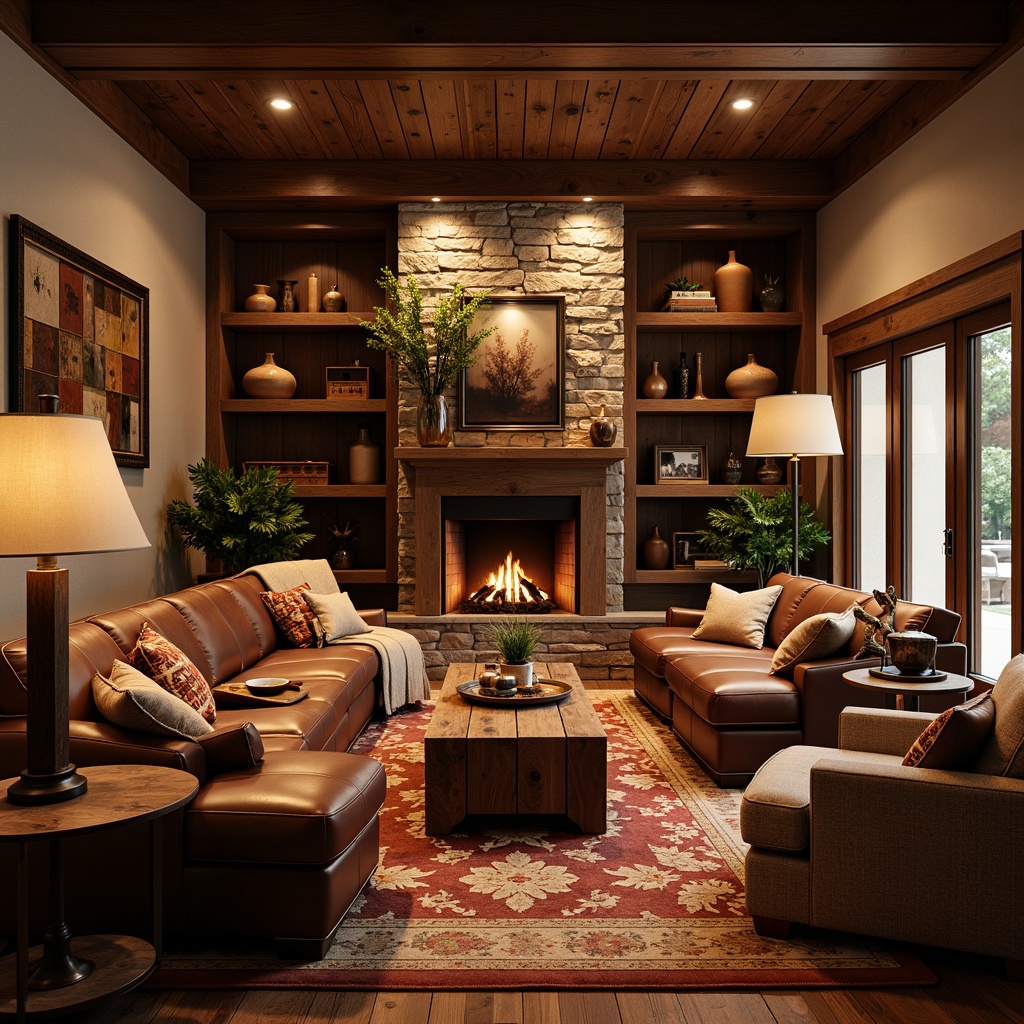 Prompt: Cozy game room, rustic wooden accents, warm earthy tones, plush leather sofas, reclaimed wood coffee tables, vintage metal lamps, richly textured carpets, natural stone fireplaces, earthy terracotta vases, wooden wall shelves, distressed wood decorations, Craftsman-style cabinetry, bronze hardware, warm candle lighting, shallow depth of field, 2/3 composition, cinematic view, realistic textures, ambient occlusion.