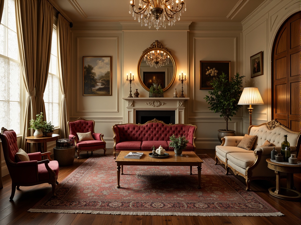 Prompt: Elegant velvet sofa, intricately carved wooden armchairs, ornate mirrors, crystal chandeliers, plush area rugs, soft candlelight, warm beige walls, rich mahogany flooring, luxurious fabrics, delicate lace curtains, antique vases, vintage oil paintings, distressed finishes, subtle gold accents, cozy reading nooks, intimate conversation areas, dramatic drapery, opulent upholstery, whimsical decorative patterns, dreamy atmospheric lighting, 1/2 composition, soft focus, warm color palette.