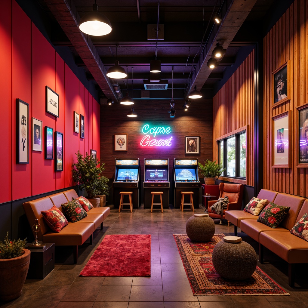 Prompt: Vibrant game room, bold accent walls, rich wood tones, neon signs, retro arcade machines, comfortable seating areas, ambient LED lighting, cozy throw blankets, eclectic decorative objects, urban loft atmosphere, concrete floors, industrial metal beams, modern minimalist decor, warm golden lighting, shallow depth of field, 1/1 composition, cinematic camera angles.