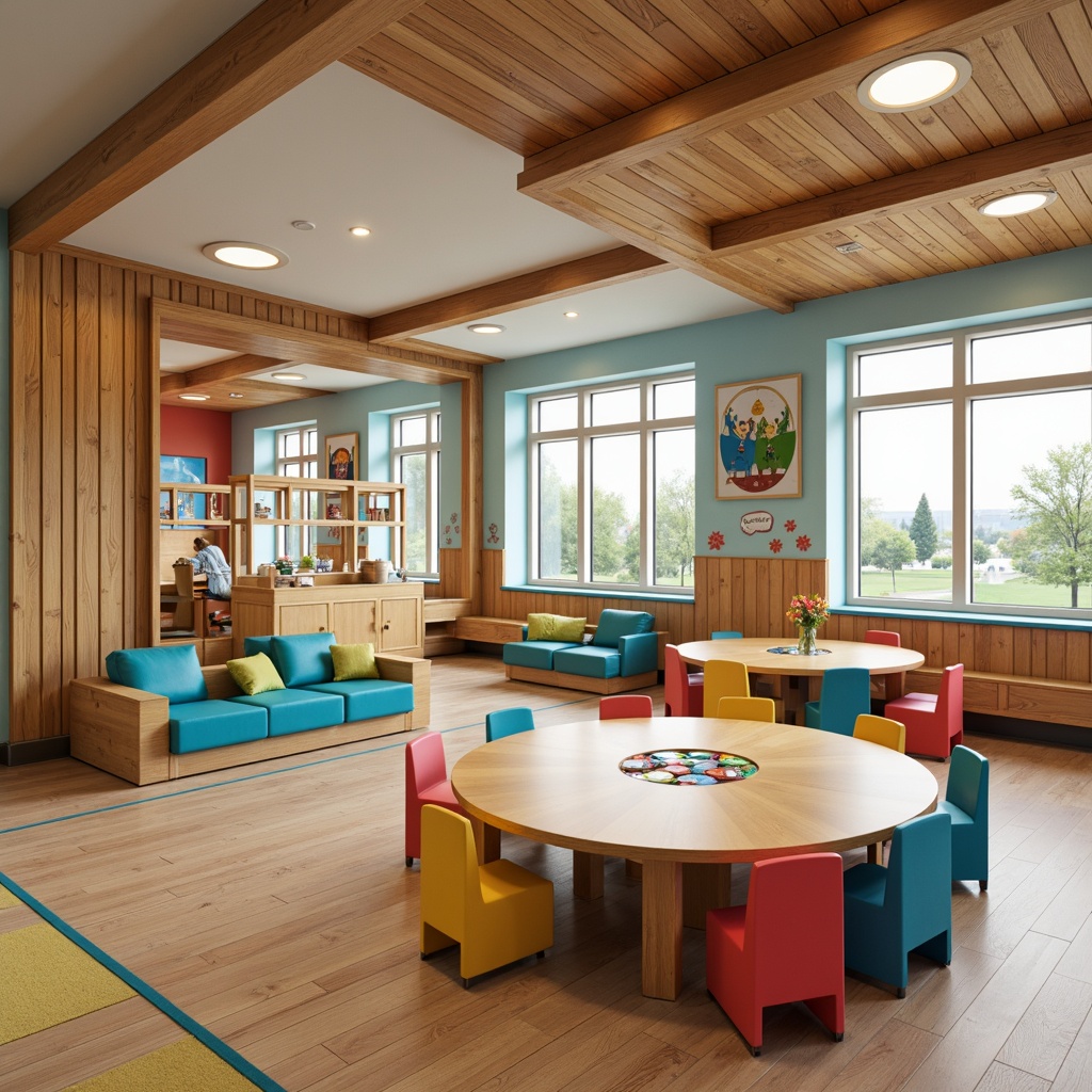 Prompt: Vibrant kindergarten interior, rounded wooden tables, colorful plastic chairs, soft padded cushions, educational wall murals, interactive play structures, sensory stimulation zones, cozy reading nooks, natural wood accents, playful lighting fixtures, whimsical decorative patterns, ergonomic mini furniture, collaborative learning spaces, flexible modular design, stimulating color schemes, acoustic sound absorption, safety-rounded corners, durable easy-clean materials, imaginative play equipment, discovery-themed decorations.