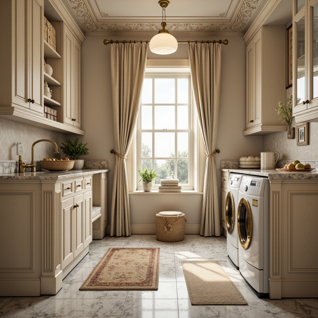 Prompt: Elegant laundry room, soft beige walls, creamy marble countertops, classic ornate cabinets, polished brass hardware, plush area rugs, velvety drapery, subtle floral patterns, natural linen fabrics, distressed wood accents, vintage-inspired decorative tiles, warm ambient lighting, shallow depth of field, 1/1 composition, realistic textures, ambient occlusion.