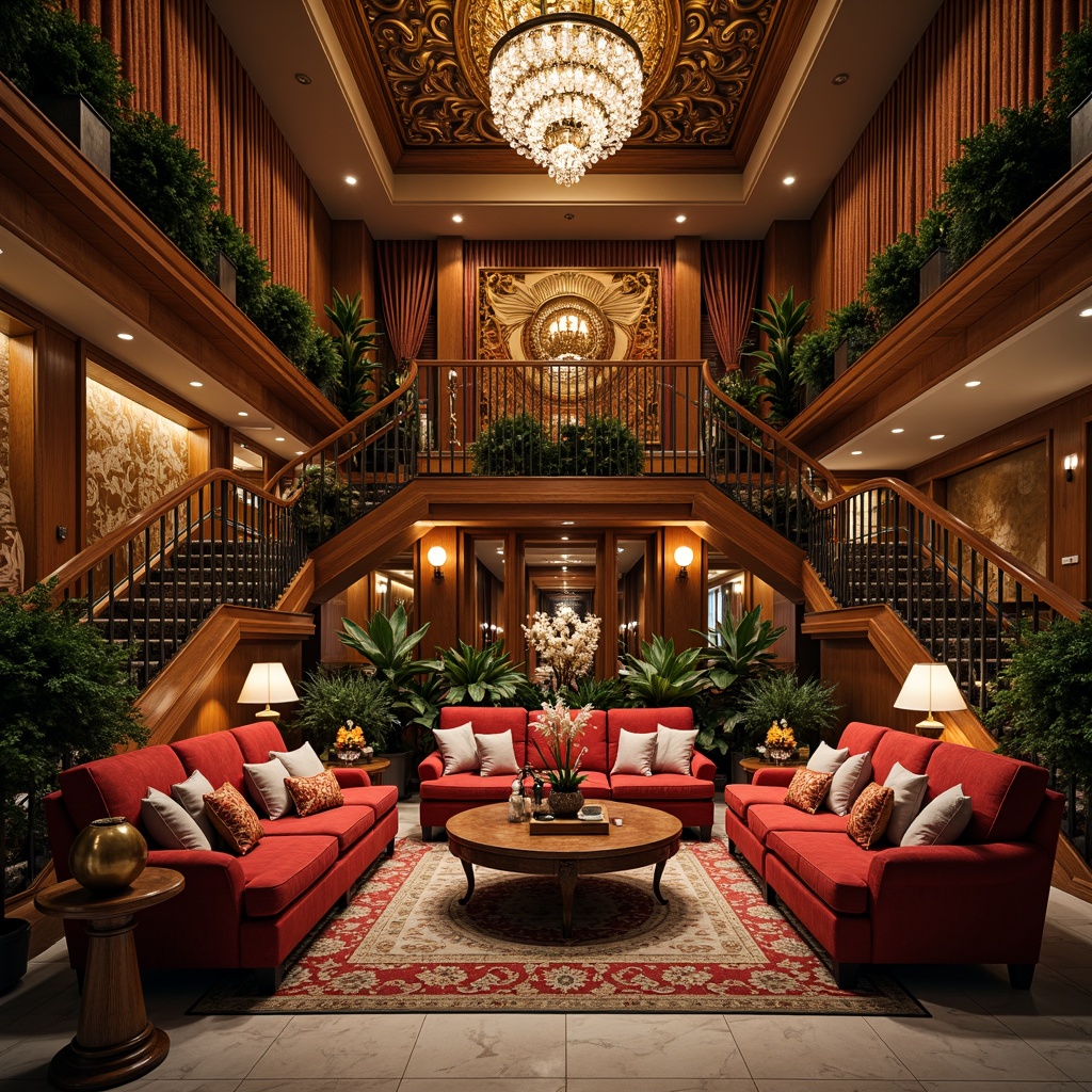 Prompt: Opulent hotel lobby, lavish furnishings, intricately carved wooden furniture, velvet upholstery, golden accents, ornate mirrors, crystal chandeliers, rich tapestries, luxurious drapes, grandiose staircases, marble floors, ornamental ceilings, dramatic lighting, warm color palette, 3/4 composition, shallow depth of field, realistic textures, ambient occlusion.