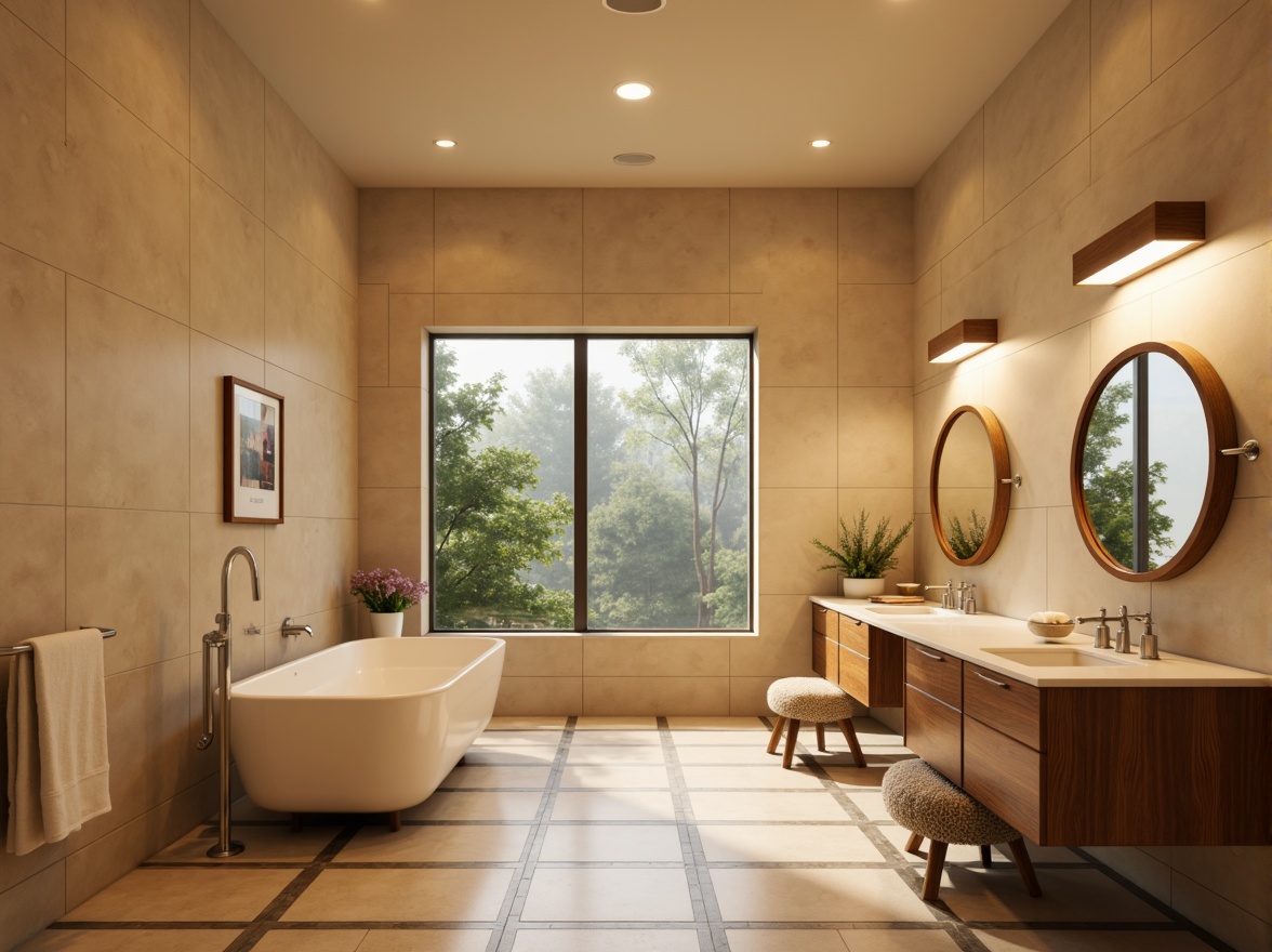 Prompt: Mid-century modern bathroom, warm beige walls, polished chrome fixtures, circular mirrors, freestanding tubs, rainfall showerheads, geometric floor tiles, wooden vanity units, minimalist decor, ambient soft lighting, 3/4 composition, realistic textures, subtle shadows.