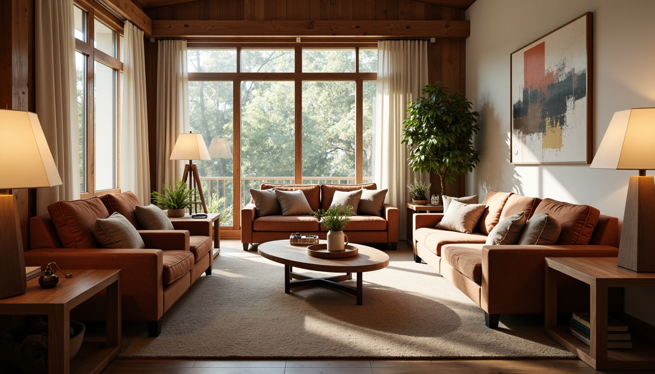 Prompt: Cozy living room, plush sofas, velvet armchairs, wooden coffee tables, soft cushions, warm rug, modern lamps, abstract artwork, large windows, natural light, sheer curtains, comfortable pillows, rustic wood accents, earthy color palette, calming atmosphere, gentle lighting, shallow depth of field, 3/4 composition, panoramic view, realistic textures, ambient occlusion.