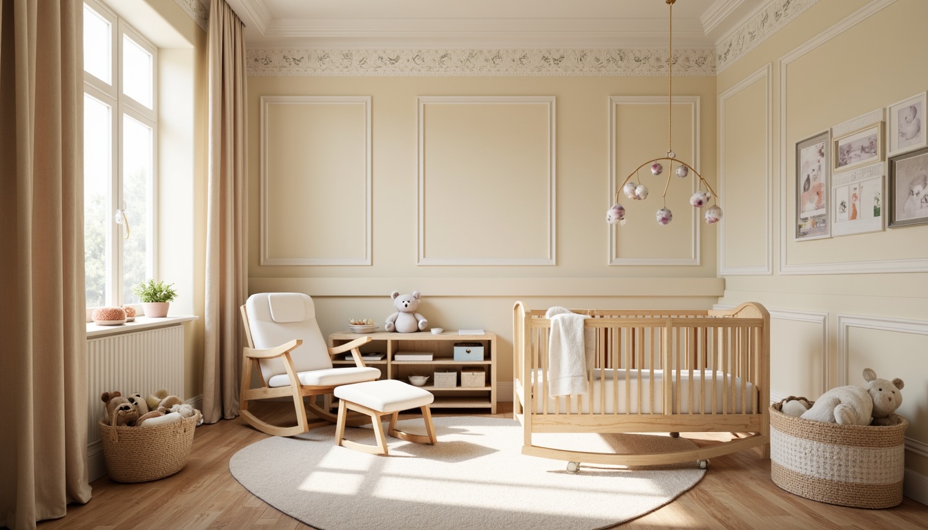 Prompt: Whimsical baby nursery, soft pastel colors, plush area rug, comfortable glider rocker, natural wood crib, warm beige curtains, delicate lace trim, gentle cream-colored walls, adorable stuffed animals, colorful fabric bins, sweet mobiles, cozy reading nook, softbox lighting, shallow depth of field, 1/2 composition, intimate atmosphere, realistic textures, ambient occlusion.