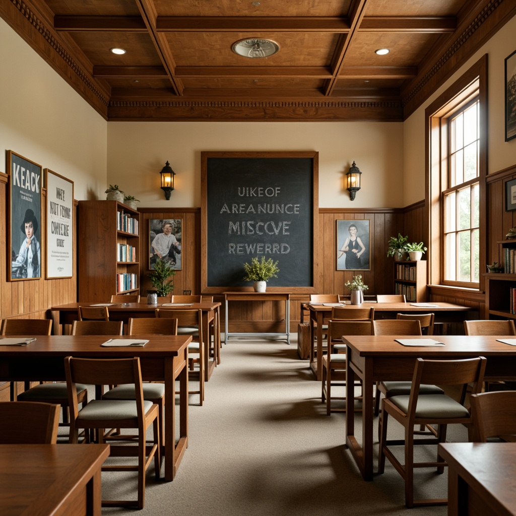 Prompt: Traditional wooden desks, comfortable cushioned chairs, warm beige walls, large chalkboard, decorative moldings, classic lantern-style lighting, soft carpeted floors, framed educational posters, inspirational quotes, natural wood tones, ornate ceiling details, symmetrical architecture, cozy reading nooks, built-in bookshelves, earthy color palette, softbox lighting, shallow depth of field, 1/2 composition, warm afternoon light, realistic textures, subtle ambient occlusion.