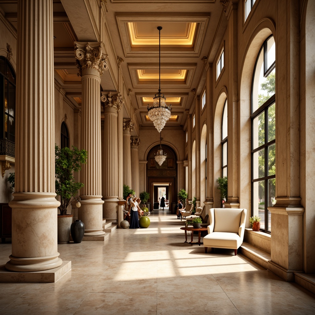 Prompt: Elegant interior columns, ornate capitals, fluted shafts, classic pediments, rich wood tones, polished marble floors, soft golden lighting, intricate moldings, carved acanthus leaves, symmetrical layouts, grand staircases, luxurious fabrics, velvet drapes, crystal chandeliers, refined architectural details, subtle texture variations, warm beige color palette, sophisticated ambiance, high-contrast rendering, 1/2 composition, dramatic spotlighting.