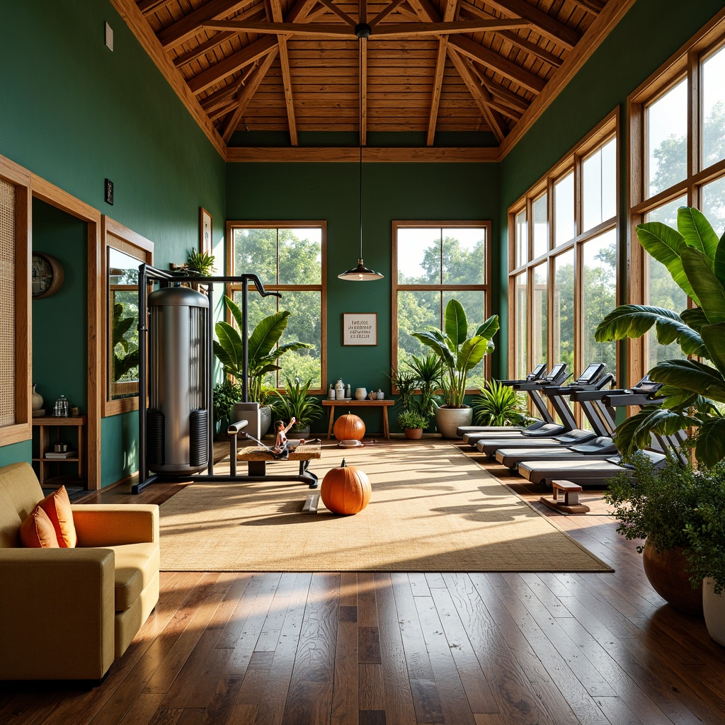 Prompt: Tropical style home gym, exotic hardwood flooring, polished wooden surfaces, natural fiber rugs, woven bamboo accents, bright green walls, lush tropical plants, floor-to-ceiling windows, abundant natural light, modern fitness equipment, sleek metal frames, vibrant colorful upholstery, motivational quotes, refreshing misting system, warm ambient lighting, shallow depth of field, 1/2 composition, realistic textures, ambient occlusion.