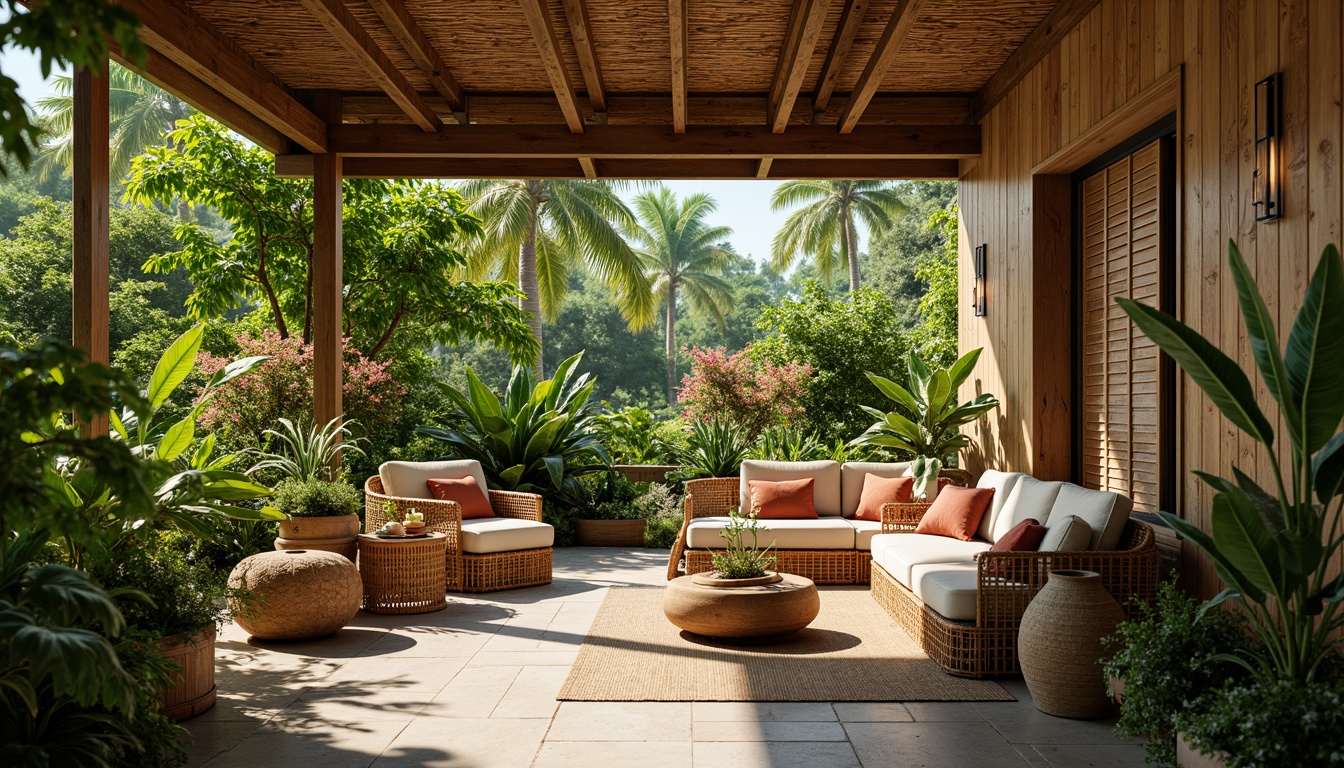 Prompt: Vibrant tropical setting, lush greenery, exotic flowers, natural wood accents, woven rattan furniture, earthy color palette, distressed wood textures, bamboo wall finishes, woven fiber textiles, organic patterns, warm sunny lighting, shallow depth of field, 3/4 composition, panoramic view, realistic renderings, ambient occlusion.