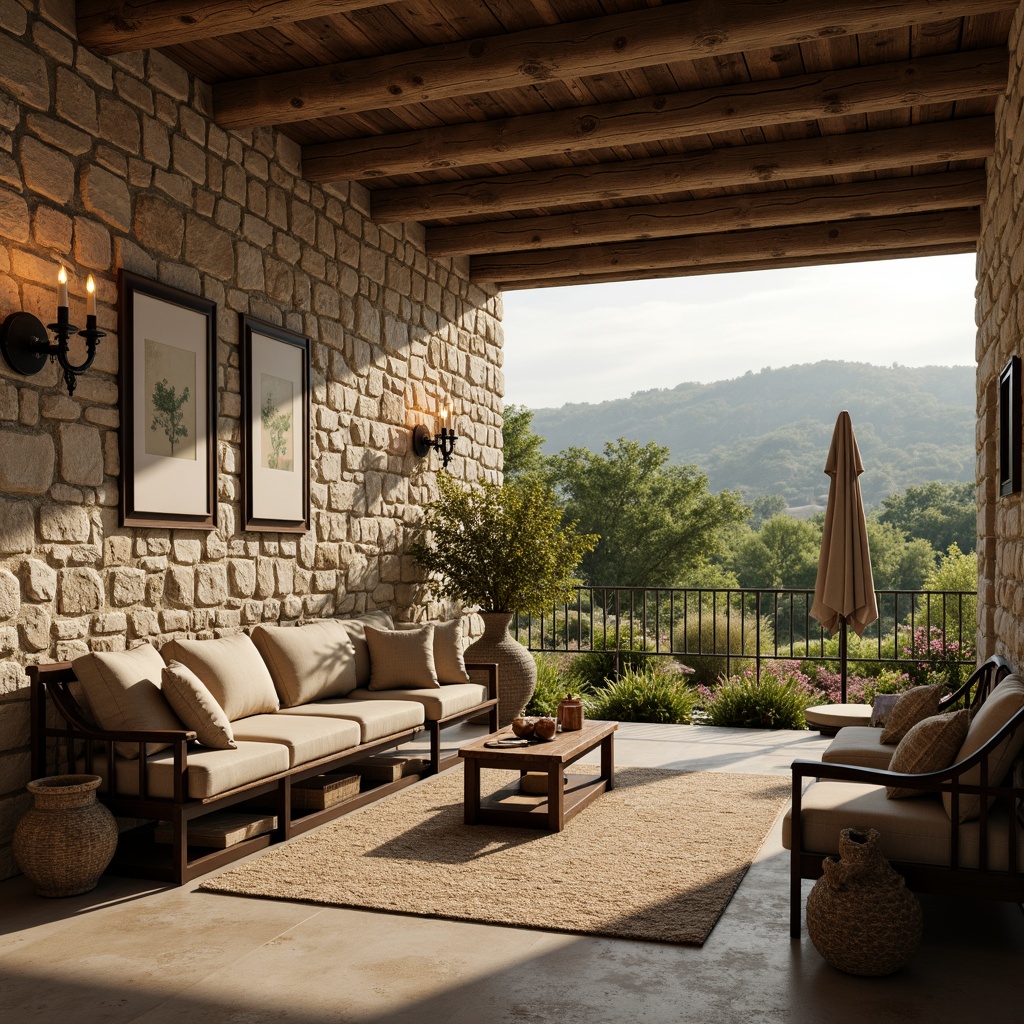 Prompt: Rustic stone walls, distressed wood beams, earthy color palette, vintage metal accents, natural linen fabrics, soft candlelight, warm beige tones, antique furniture pieces, ornate carvings, lush greenery, blooming wildflowers, rolling hills, serene countryside views, shallow depth of field, 1/2 composition, warm golden lighting, realistic textures, ambient occlusion.